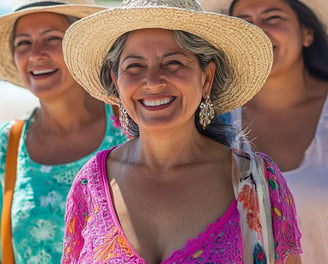 Fotografía de 3 señoras caminando juntas por la playa sonriendo 