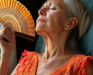 Mujer mayor dándose aire con un abanico 