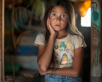 Fotografía de una niña de 10 años preocupada con la mano en la mejilla 