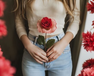 Fotografía de unaniña sosteniendo una rosa roja frente a su vientre 