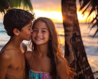 Fotografía de una niña de 12 años siendo besada en la mejilla por un niño de 12 años 