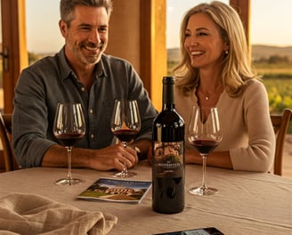 Pareja de huéspedes disfrutando cata de vinos en bodega local, botella con etiqueta del hotel, logo de Hoténtico en folleto, 