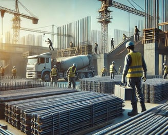 Workers loading steel bars