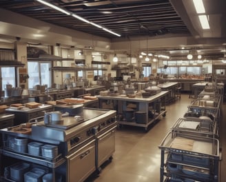 A spacious warehouse with tall shelves filled with various boxes and pallets. A yellow forklift is parked in the aisle, surrounded by organized inventory. The environment appears clean and well-lit, with items neatly stacked on metal racks.