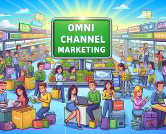 An illustration of a group of people in a supermarket with a sign reading Omni Channel Marketing