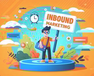 Illustration of a boy holding a sign reading Inbound Marketing