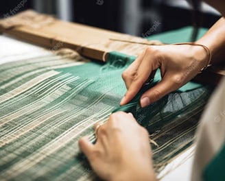Image of woman making fabric from yarn.