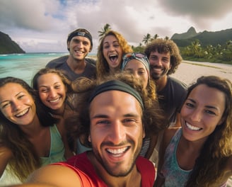 a group of people standing around a beach