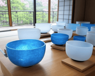 Crystal singing bowls in a beautiful set up and room, with a nature view