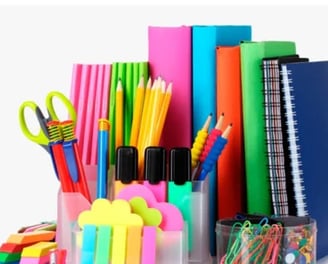 a bunch of school supplies including pens, pencils, and markers