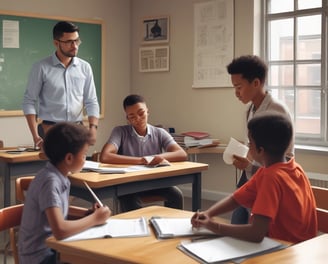 Two children are seated outside on wooden benches at a small desk, engaged with a blackboard that has writing on it. An adult stands nearby, seemingly instructing or observing them. The setting has rustic wooden and painted walls, and the environment appears casual yet educational.