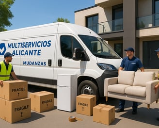 Tres trabajadores de Multiservicios Alicante realizando una mudanza