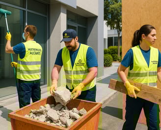 Tres trabajadores de Multiservicios Alicante, limpiando una cristalera y otros escombros y madera
