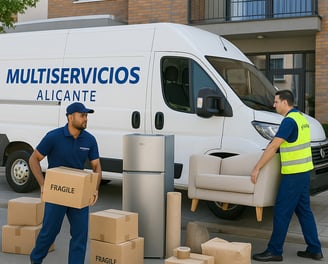 Dos trabajadores de Multiservicios Alicante realizando un porte