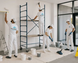 Pintores en un local uniformados de blanco de Multiservicios Alicante