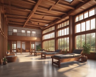 An architectural interior view featuring a large, curved wooden structure with layered patterns. A ceiling skylight in a geometric design allows natural light to filter through, casting a soft glow on the sleek wooden surfaces. Recessed lighting along the ceiling adds an additional source of illumination, enhancing the modern and sophisticated aesthetic.