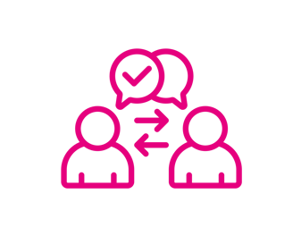 Ícone rosa de duas pessoas conversando, representando comunicação e interação social de forma simplificada.