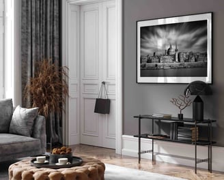 Black and white fine art photograph of Valletta, Malta, framed and hanging on a wall