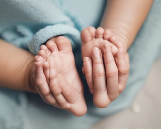 A newborn baby is gently cradled against an adult's chest, with the adult's hands supporting the baby's head. The setting appears soft and serene, with natural light casting gentle shadows.