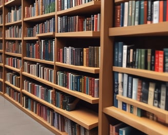 A collection of books and magazines is displayed, each with unique cover art and typography. Some covers feature historical illustrations, while others show text in various languages. The image is in black and white, enhancing the vintage and classic appearance of the publications.