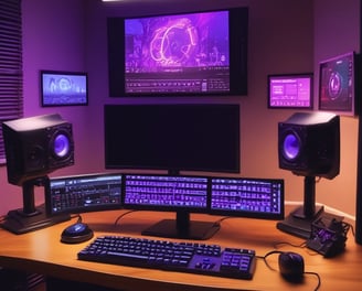 A computer screen displaying video editing software with a timeline view. The timeline includes clips, audio tracks, and a toolbar with options for cutting and editing. The background is dark, emphasizing the software interface.
