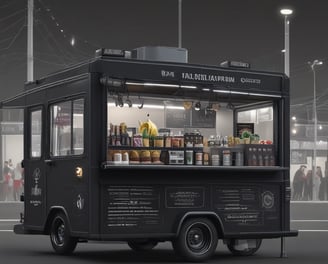 A brightly lit food truck with a yellow glow sits on a dark street at night. A person is sitting on the ground nearby, possibly enjoying their purchase. The truck is equipped with a menu board and string lights, creating a warm and inviting ambiance against the dark background. Buildings with illuminated windows can be seen in the distance.