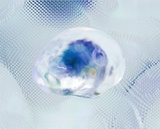 a glass ball with a blue and white background