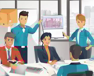 A large group of people, consisting of both men and women, are gathered in a room. Some are sitting on chairs while others are standing around them. The room seems to be set up for a professional training or workshop, as indicated by a banner in the background. The environment appears formal, with a presentation screen and tables with documents and water bottles.