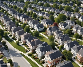 A residential street lined with brick houses stretches into the distance under a partly cloudy sky. A large tree without leaves stands tall on the right side, casting long shadows on the wet pavement. For sale signs are visible in front of the houses, indicating real estate activity. The sunlight filters through the branches, creating a serene atmosphere.