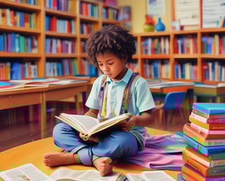 A children's encyclopedia about creativity is prominently displayed. The book features illustrations of space-related technology such as a satellite, space capsule, spacesuit, rocket, and a spectrograph on its cover. In the background, children are sitting on yellow cushioned seats, reading and engaging with each other. The wall behind them is decorated with a colorful mural of a cartoon-like scene.
