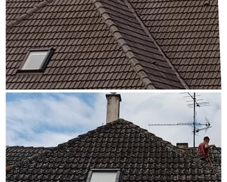 Comparatif avant et après nettoyage d’une toiture en tuiles, montrant la différence entre une toiture encrassée et une toitur