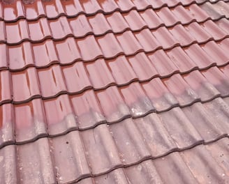 Toiture en tuiles rouges brillantes après rénovation et traitement, mettant en valeur la qualité du nettoyage réalisé à Audin