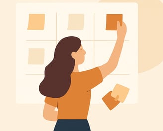 a woman is sticking on board a note