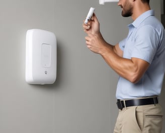 A black D-Link Wi-Fi router with two antennas is placed next to a white cylindrical Deco device on a wooden surface. The background appears to be a blurred indoor setting.