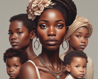 A person with smooth, dark skin is captured in a low-light setting against a deep red background. The lighting accentuates the contours of the face and shoulders. Large geometric earrings add an element of modern style.