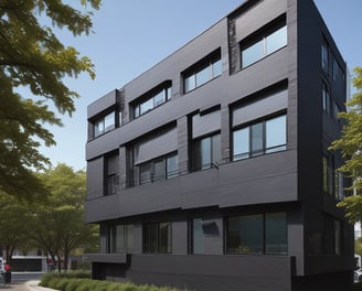 A modern architectural structure featuring large stone walls. The walls are composed of gray, speckled stones in a geometric pattern, and there is a section of smooth, cream-colored stone. A bright blue-tinted glass window contrasts with the textural stone surfaces.
