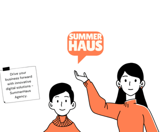 an illustration of a boy and a woman holding the SummerHaus logo