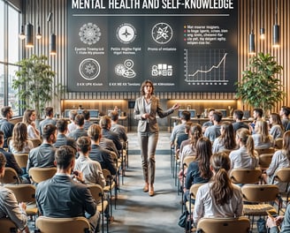 Palestrante em auditório corporativo falando sobre saúde mental, com público atento e telão