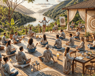 Facilitadora guia vivência ao ar livre, com grupo em círculo meditando e interagindo em retiro.