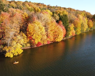 Aerial drone shot of a lake with autumn-colored trees along the bank and a lone kayaker paddling in 