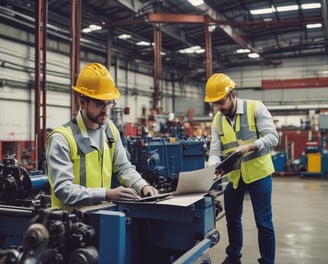 A spacious, modern warehouse or industrial interior with high ceilings and a sleek, organized layout. The space features several workstations equipped with monitors, barcode scanners, and storage areas. The setting is well-lit and appears clean and efficient, suggesting an environment designed for streamlined operations.