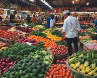 A couple walks into an organic grocery store. The entrance is glass with a large apple design and handwritten notes visible on the door. The interior shows various organic produce and a sign indicating organic goods. Natural light and reflections are apparent on the glass.