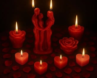 Ritual de unión de pareja con figuras abrazadas, velas en forma de corazón y pétalos rojos
