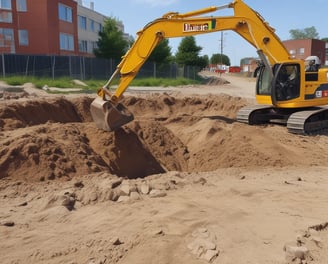 A compact excavator with a black and yellow body is parked on a dirt lot. The machinery has a large arm extending from its body, equipped with a digging bucket. The cabin is enclosed with large windows, and the tracks are visible beneath. In the background, there are other industrial vehicles and equipment visible, along with some structures and a cloudy sky.