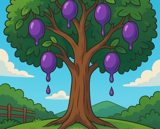 Darstellung eines großen Baums im Garten, an dem violette Früchte wachsen, aus denen leuchtend lila Saft tropft inspiriert