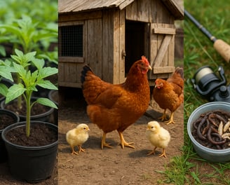 a chicken coop with chickens and a chicken in a garden