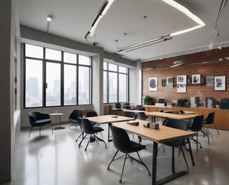 A sleek modern interior space featuring a long corridor with wooden flooring and ambient lighting. The area is bordered by large glass windows revealing an outside view. On the right, there is wall-mounted cabinetry and a control panel. The ceiling has visible pipes and ducts.