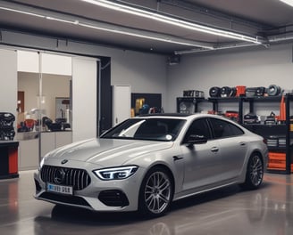 A sleek, modern black car with a shiny finish is parked inside a garage or showroom. The car's detailed and reflective surface highlights the meticulous care given to its maintenance. Above the car, there is a stylized logo and the text 'Spot on Makeover Car Care' on the wall, indicating a specialized vehicle detailing or care service.
