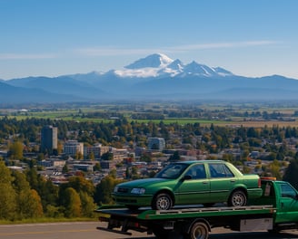 A panoramic view of Abbotsford, BC, with Mount Baker in the background and a green tow truck.