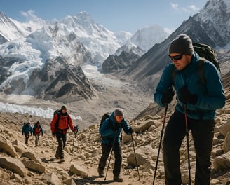 Guide supporting trekkers near Everest Base Camp at high altitude.